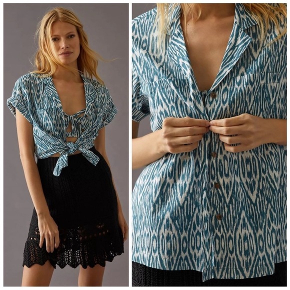 BOGO! Anthropologie Pilcro Printed Voile Surf Shirt Cotton Blue Size Small - Picture 2 of 10
